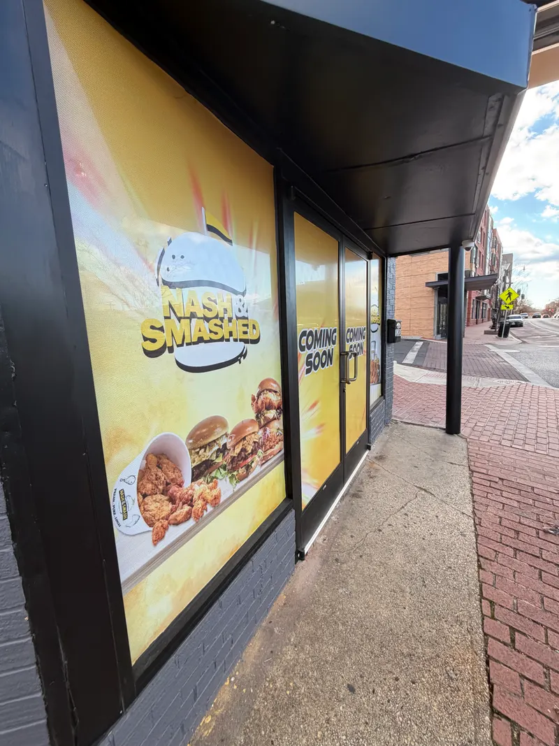Nash and Smashed coming soon storefront windows